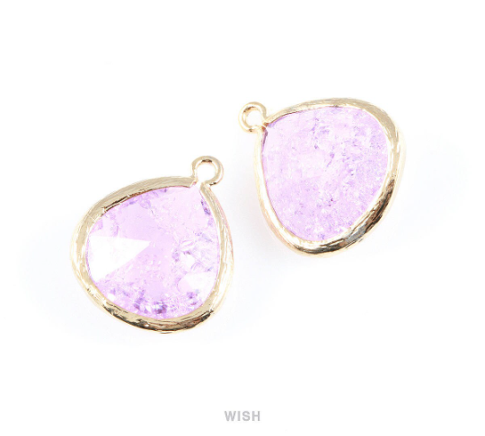 Light Amethyst Sparkle Glass Charm in Gold, Framed Drop Glass Bead / GLDG-012-P (Large)