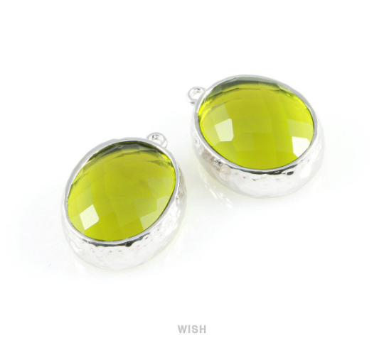 Dark Apple Faceted Glass Charms in Rhodium, Framed Oval Pendant /GDARH-009-P