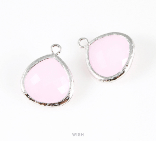 Rose Quartz Faceted Glass Charm in Rhodium, Framed Glass Bead / GRQRH-001-P (Large)