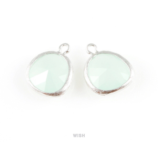 Alice Blue Faceted Glass Charm in Matte Rhodium, Framed Drop Glass Gem / GABMRH-004-P