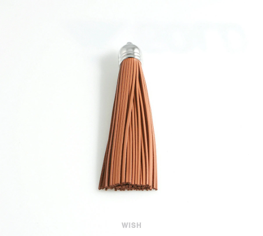 Brown Leather Tassel with Bell Cap in Rhodium, Brown Cowhide Tassel / LBWRH-006-T (1 piece)