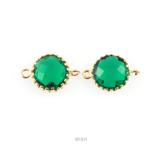 Emerald Faceted Glass Connector in Gold, Framed Round Connector / GEMG-008-P