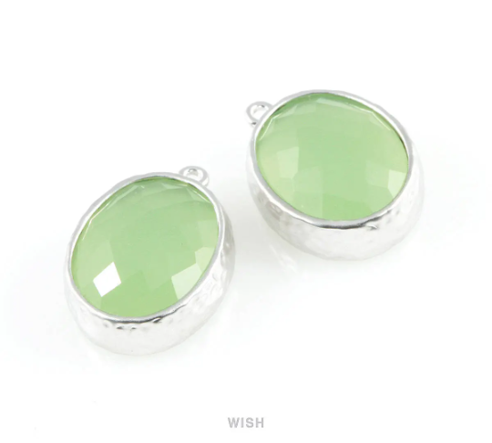 Light Mint Faceted Glass Charms in Matte Rhodium, Framed Oval Pendant / GLMMRH-009-P