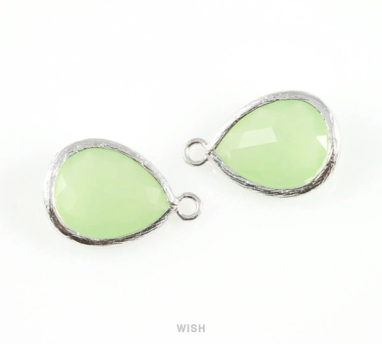 Light Mint Teardrop Glass Charm in Rhodium, Framed Drop Glass Gem / GLMRH-005-P