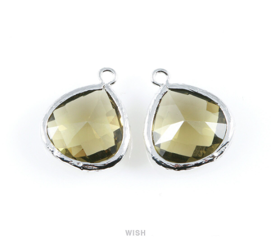Olivine Faceted Glass Charm in Rhodium, Framed Drop Glass Bead / GOVRH-001-P (Large)