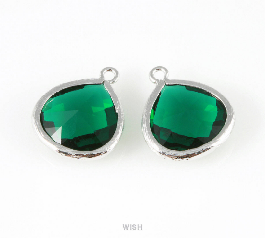 Emerald Faceted Glass Charm in Rhodium, Framed Drop Glass Bead /GEMRH-001-P (Large)