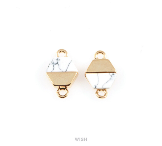 Howlite Hexagone Stone Charm in Gold, Gemstone Framed Pendant / SHTG-048-P