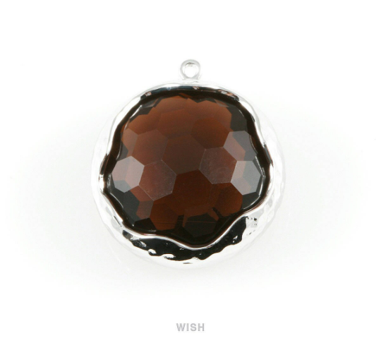 1 piece of Smoky Quartz Faceted Glass Charms in Rhodium, Framed Round Pendant/ GSQRH-011-P