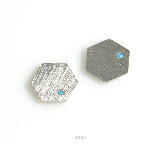 Hexagon Charm with a Turquoise in Matte Rhodium, Hexagon Pendant / MMRH-670-P