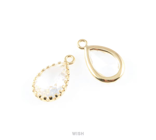 Clear Teardrop Glass Charm in Gold, Framed Drop Glass Gem / GCLG-017-P