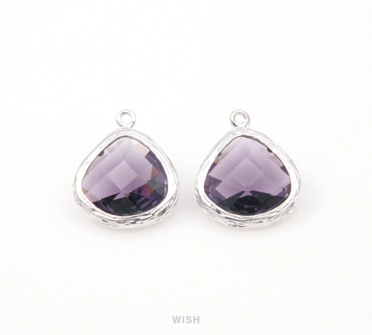 Amethyst Faceted Glass Drop Charm in Rhodium, Amethyst Charms / GTZRH-036-P