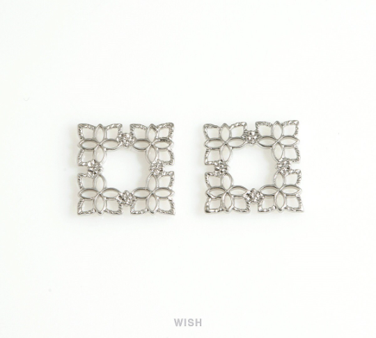 Floral Open Square Charm in Matte Rhodium, Flower Square Pendant / MMRH-688-P