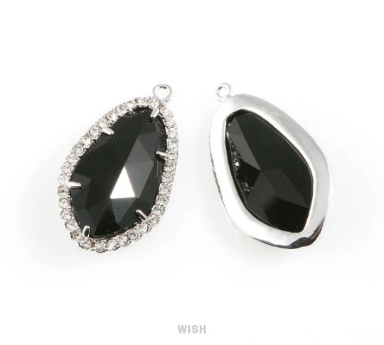 Briolette Jet Glass with Rheinstone in Rhodium, Framed Pendant / GJTRH-043-P