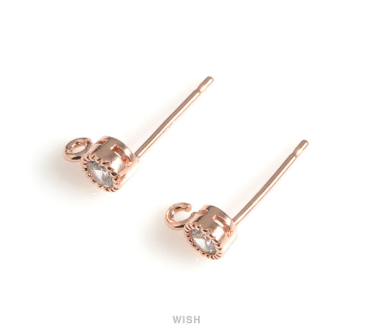 Round Cubic Zirconia Stud Earrings in Rose Gold , CZ Stud Earrings / CRG-050-E (4pcs)