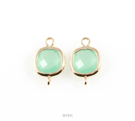 Mint Faceted Glass Connector in Gold, Square Framed Connector / GMTG-041-P