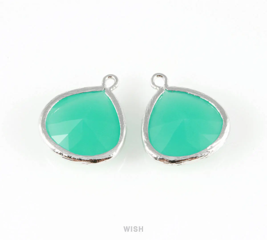 Mint Faceted Glass Charm in Rhodium, Framed Drop Glass Bead / GMTRH-001-P (Large)