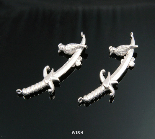 Flower and Sparrow on Sword Pendants in Matt Rhodium, Silver Sword Charm / MMRH-346-P