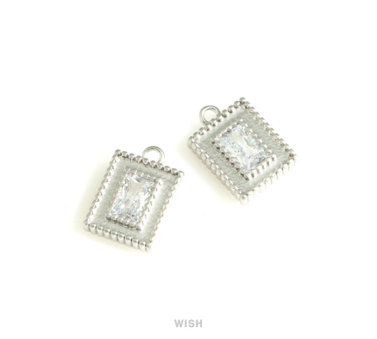 Rectangle Cubic Zirconia Charms in Matte Rhodium, Rectangle Pendants with a CZ / MMRH-718-P