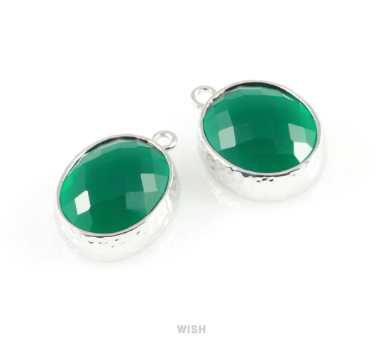 Emerald Faceted Glass Charms in Rhodium, Framed Oval Pendant / GEMRH-009-P