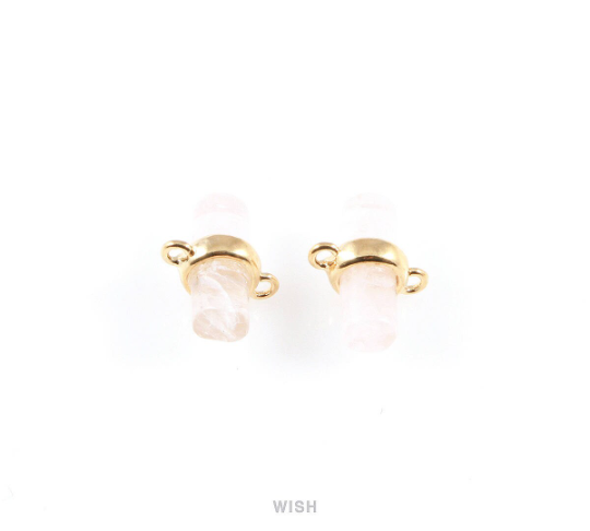 Rose Quartz Tube Stone Charm in Gold, Gemstone Framed Pendant / SRQG-061-C (2 loops)
