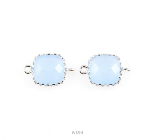 Ice Blue Faceted Glass Connector in Rhodium, Framed Square Connector / GIBRH-007-P