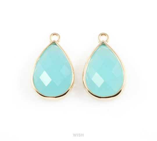Ocean Blue Teardrop Glass Charm in Gold, Framed Drop Glass Gem / GOBG-037-P