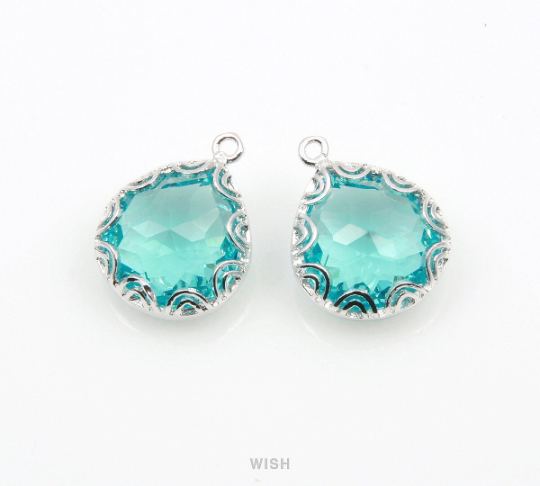Aquamarine Pear Charm in Rhodium, Aquamarine Pear Framed Glass / SAQRH-113-P