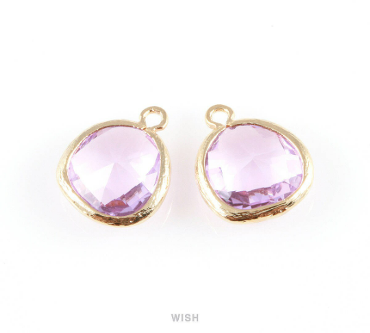 Light Amethyst Faceted Glass Charm in Gold, Framed Drop Glass Gem/ GLDG-004-P (Medium)