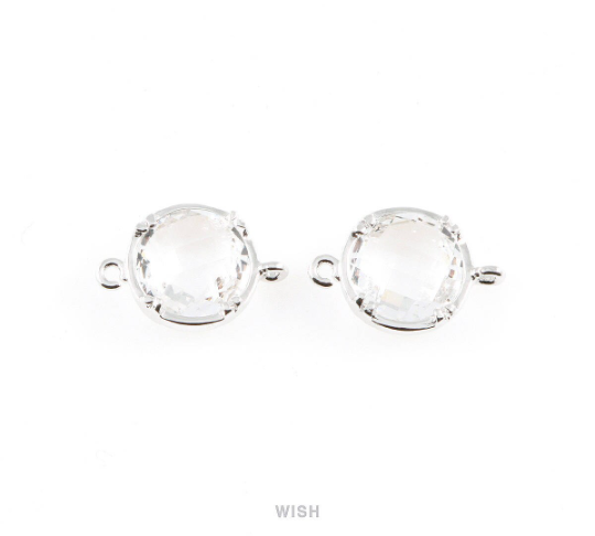 Clear Round Glass Connectors in Rhodium, Framed Glass Gem / GCLRH-018-P (Medium)