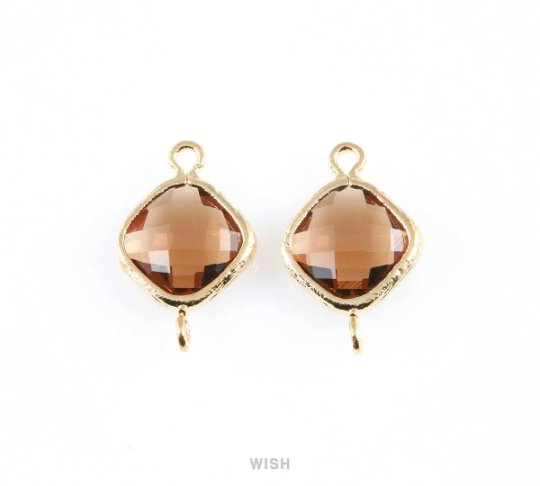 Smoky Quartz Rhombus Glass Connector in Gold, Framed Rhombus Connector / GSQG-021-P