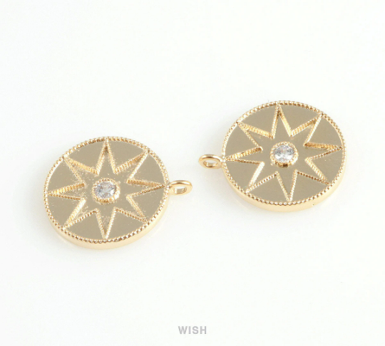 Star Disc with Cubic Zirconia Pendant in Matt Gold, Star Coin Charm /  MMG-413-P