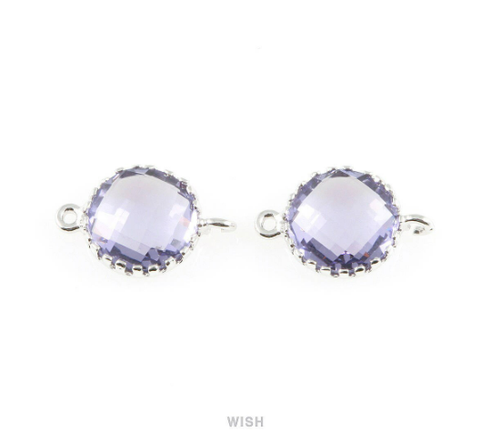 Amethyst Faceted Glass Connector in Rhodium, Framed Round Connector / GTZRH-008-P