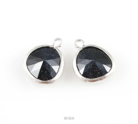Lapis-Lazuli Faceted Glass Charm in Matte Rhodium, Framed Drop Glass Gem / GLLMRH-004-P