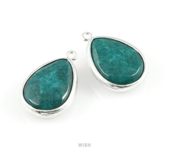 Green Turquoise Synthetic Stone Charms in Matte Rhodium, Framed Teardrop Pendant / SGTMRH-010-P