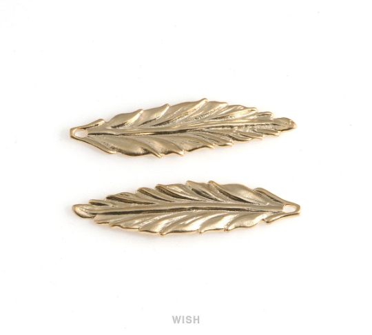 Small Feather Pendant in Matte Gold, Textured Feather Charm / MMG-237-P2