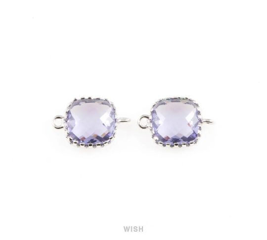 Amethyst Faceted Glass Connector in Rhodium, Framed Square Connector / GTZRH-007-P