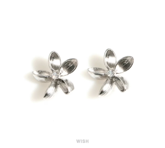 Wild Flower Charms with a Cubic Zirconia in Matte Rhodium, Silver Flower with a CZ Pendants / MMRH-708-P