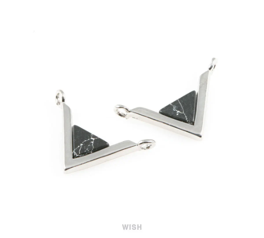 Black Marble Triangle Stone Charm in Rhodium, Gemstone Framed Pendant / STQRH-052-P