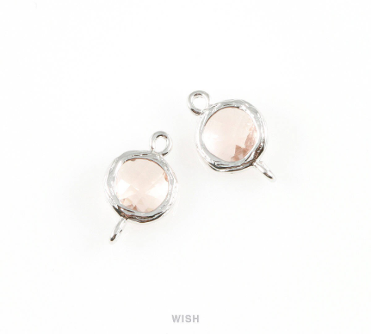 Peach faceted Glass Connector in Rhodium, Framed Round Glass Bead / GPCRH-015-P
