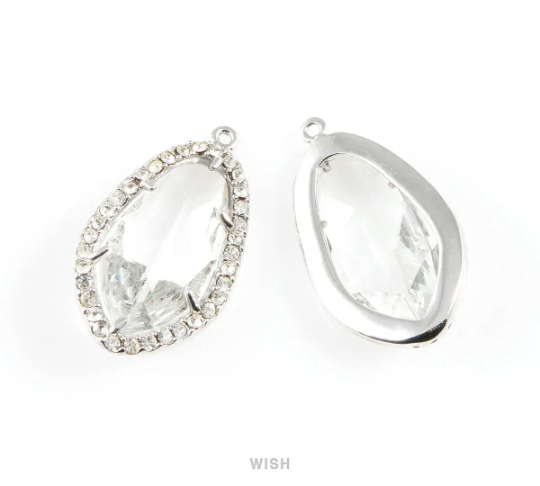 Briolette Clear Glass with Rhinestone in Rhodium, Framed Gem Pendant / GCLRH-043-P