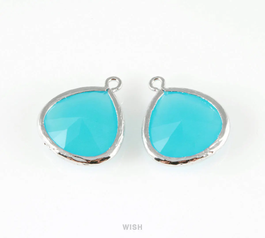 Ocean Blue Faceted Glass Charm in Rhodium, Framed Drop Glass Bead / GOBRH-001-P (Large)