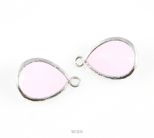 Rose Quartz Teardrop Glass Charm in Rhodium, Framed Drop Glass Gem / GRQRH-005-P