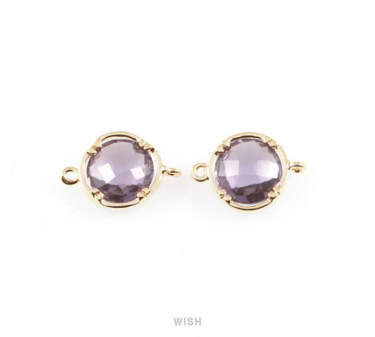 Amethyst Round Glass Connectors in Gold, Framed Glass Gem /GTZG-018-P (Medium)