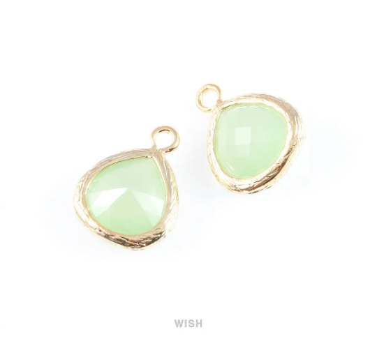 Light Mint Faceted Glass Charm in Gold, Framed Drop Glass Gem / GLMG-003-P (Small)