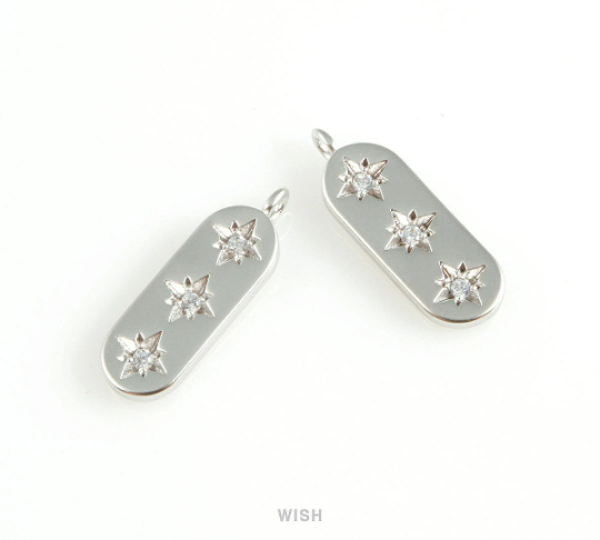 Bar Pendant with 3 Cubic Zirconia Stars in Matte Rhodium, CZ Star Charm / MMRH-410-P