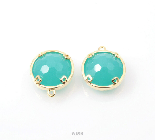 Mint Faceted Glass Charms in Gold, Framed Round Pendant /GMTG-090-P (Small)