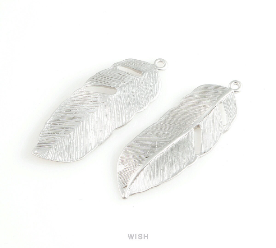Textured Feather Pendant in Matte Rhodium, Textured Solid Feather Charm / MMRH-208-P