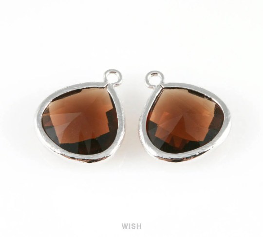 Smoky Quartz Faceted Glass Charm in Rhodium, Framed Drop Glass Bead / GSQRH-001-P (Large)
