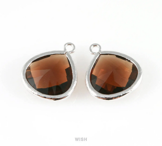 Smoky Quartz Faceted Glass Charm in Rhodium, Framed Drop Glass Bead / GSQRH-001-P (Large)