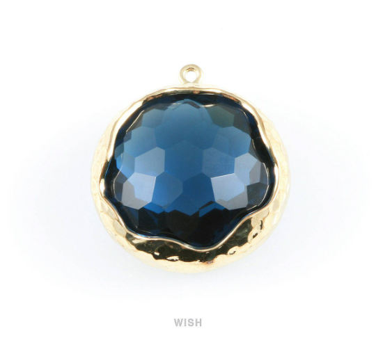 1 piece of Montana Blue Faceted Glass Charms in Gold, Framed Round Pendant / GMBG-011-P